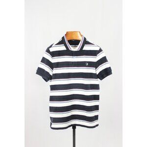 FRED PERRY White Navy Blue Striped 100% Cotton Short Sleeve Polo Shirt, Size L